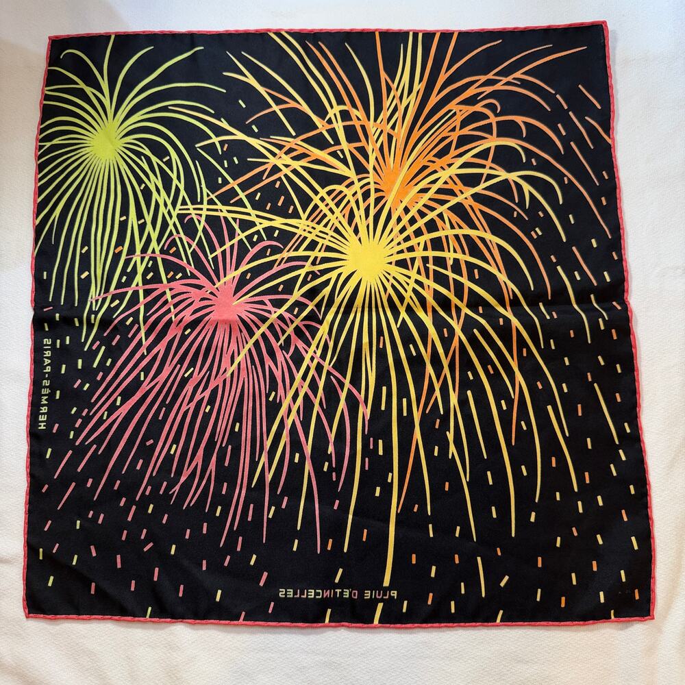 Hermes Paris 'Pluie D'étincelles' 100% Silk Vintage Rolled Edge Pocket Square